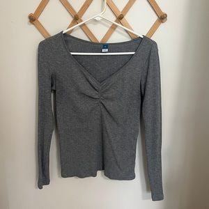 Long-Sleeve Cinched-Front Rib-Knit T-Shirt